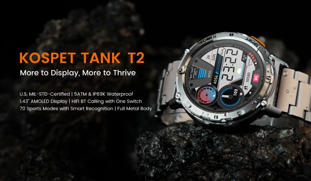 2025Original KOSPET TANK T2 Smartwatches für Herrenuhren AMOLED AOD Smartwatch Bluetooth Anruf Elektronische Herren-Smartwatch – Detail 1