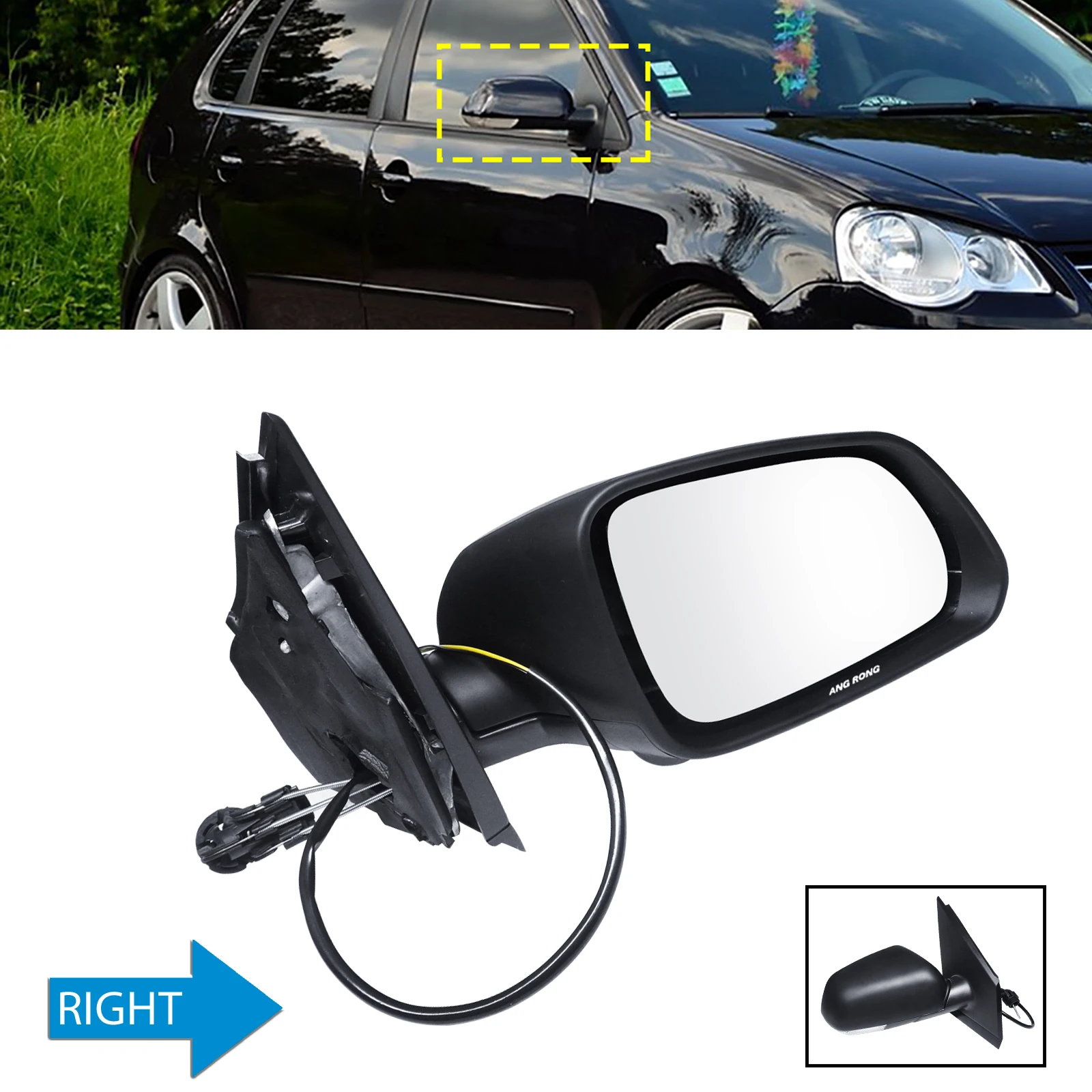 For VW Polo Mk4 Hatchback Right O/S Wing Door Mirror Manual Cable Black 2005-09