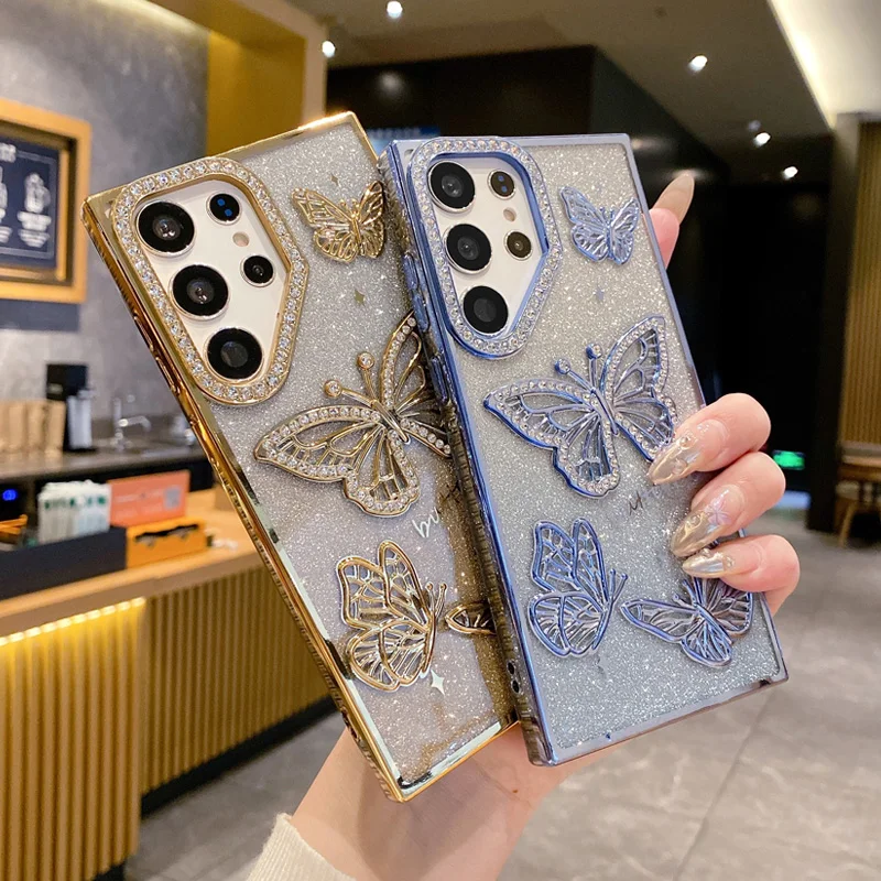 Capas de telefone borboleta brilhante para Samsung Galaxy S25 S24 Ultra S23 capa traseira de strass