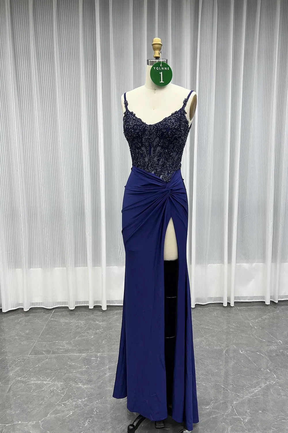 YQLNNE 01 Sexy marine fente longue robe de bal Spaghetti brodé perles sirène robe de soirée