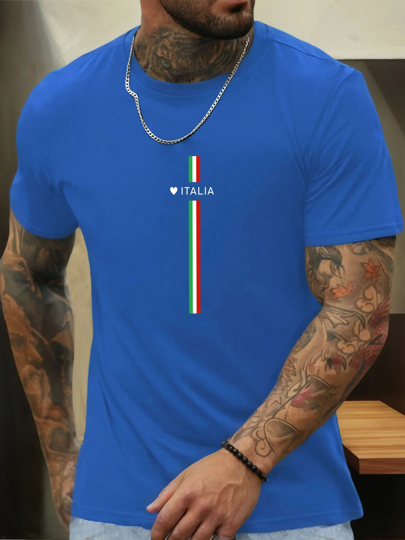 100% Pure Cotton Men's Summer Casual Sports Fashionable Loose MILANO ITALIA Pattern Printed Round Neck Short Sleeved T-Shirt Top