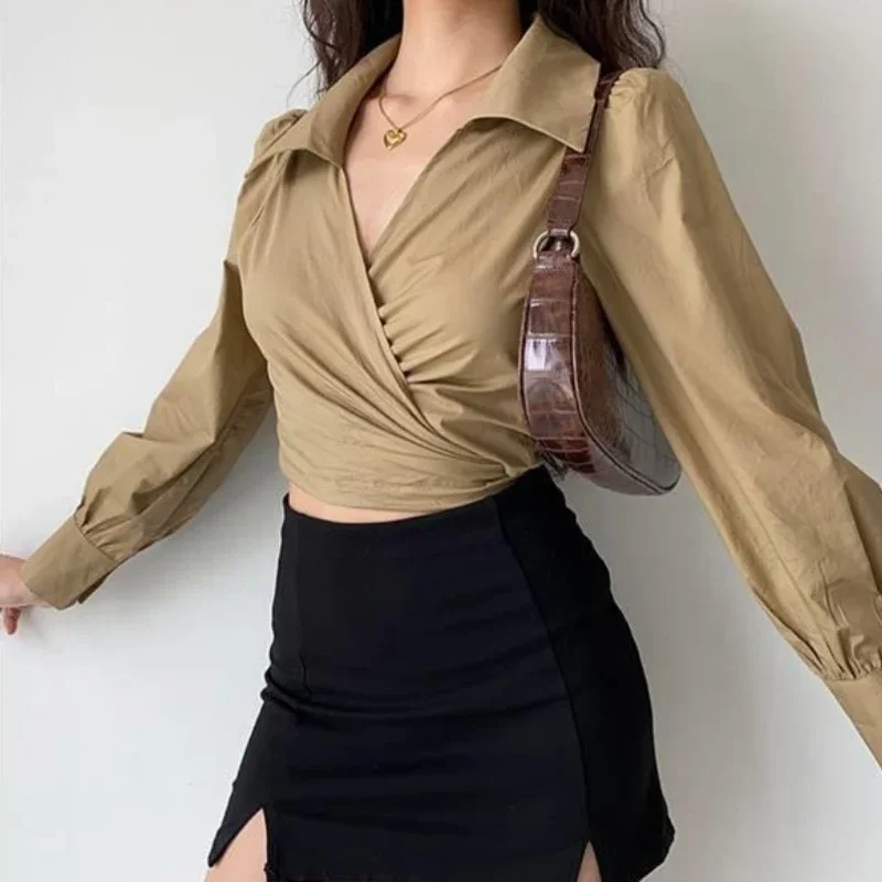 Bluzki damskie American High Street Spring Solid Bandage Aesthetic Vintage Crops Design Harajuku Clothes Blusas Casual Hipster