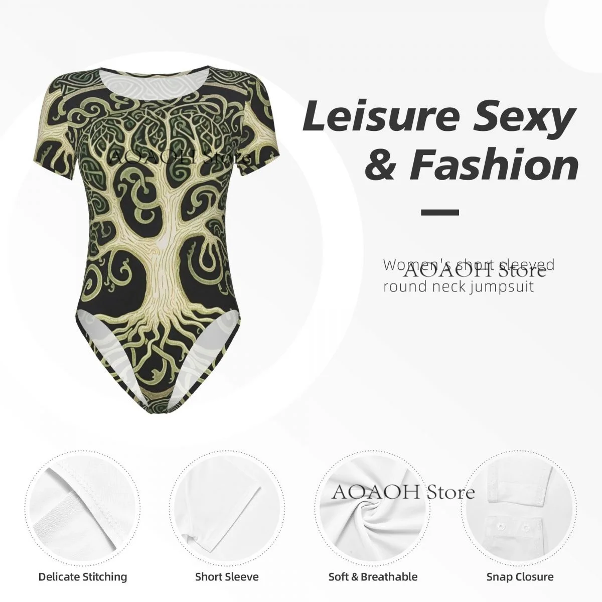 Yggdrasil Tree Of Life ผู้หญิง Casual Crewneck เลกกิ้ง Jumpsuit เซ็กซี่แขนสั้น