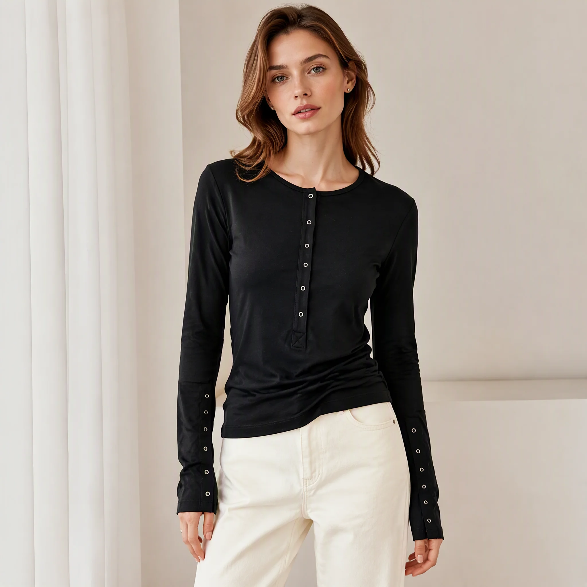 RU Slim Stretchy Women Knit Henley Top Half Button Front Split Button Cuff Basic Undershirt For Autumn Winter Daily Look