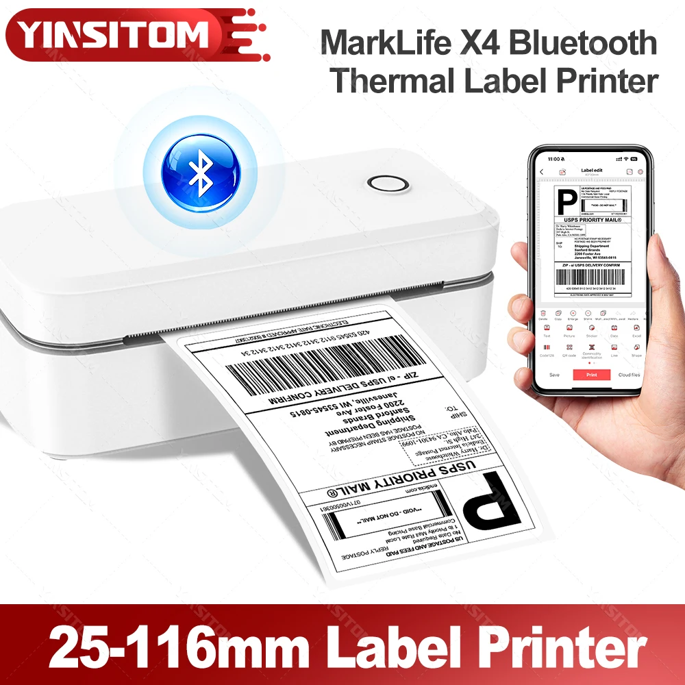 طابعة ملصقات حرارية بلوتوث 110 مم، طابعة ملصقات شحن لاسلكية متوافقة مع iPhone Android Windows X4 المستخدمة على نطاق واسع