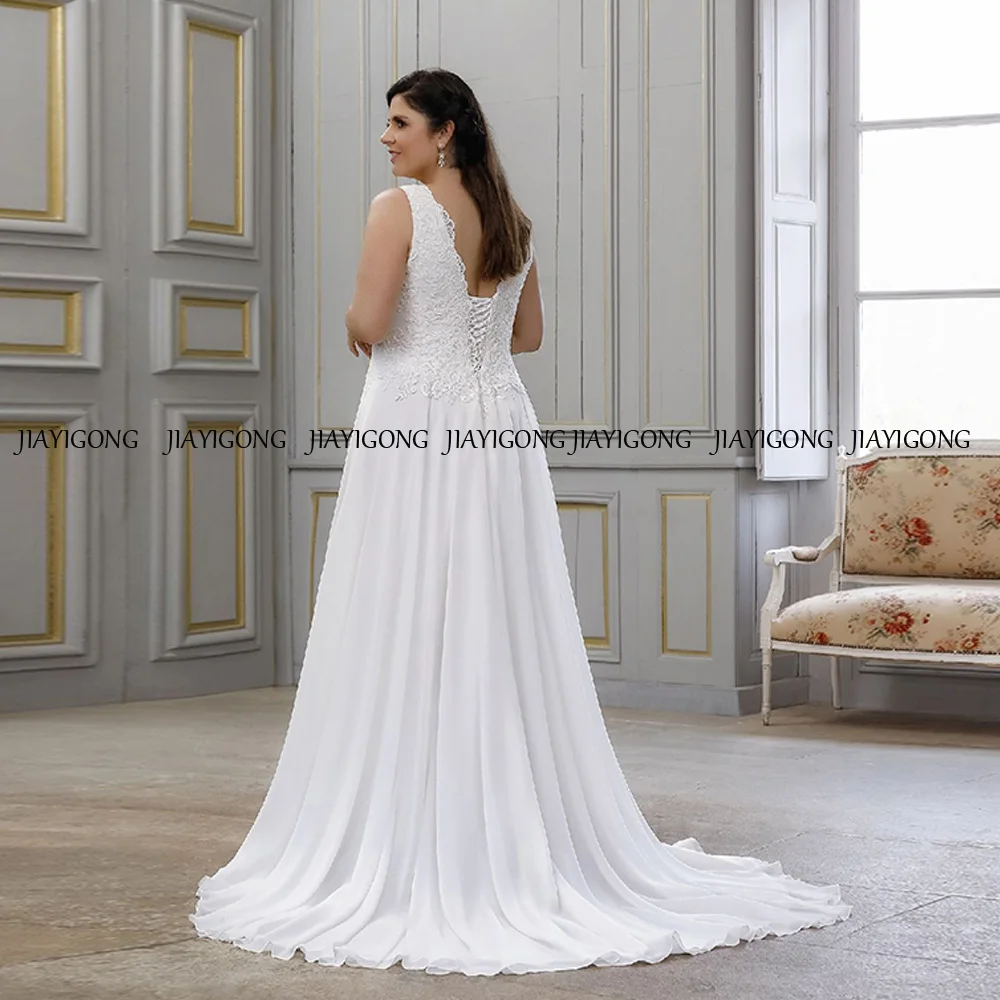 Jiayigong V Neck Wedding Dress for Plus Size Bride Sleeveless Lace Appliques Chiffon Sweep Train A Line Bridal Gown Custom 