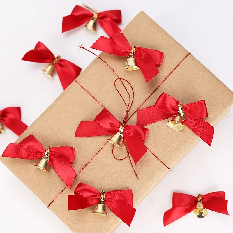 10PCS Red Christmas Bow with Jingle Bells Mini Bowknot Ornament Craft Present Bow for Christmas Garland Tree Hanging Ornaments