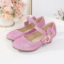 Sweet Girls High Heels Elegant Bowknot Kids Leather Shoe for Wedding Party Fashion Performance Versatile Children Princess Shoes