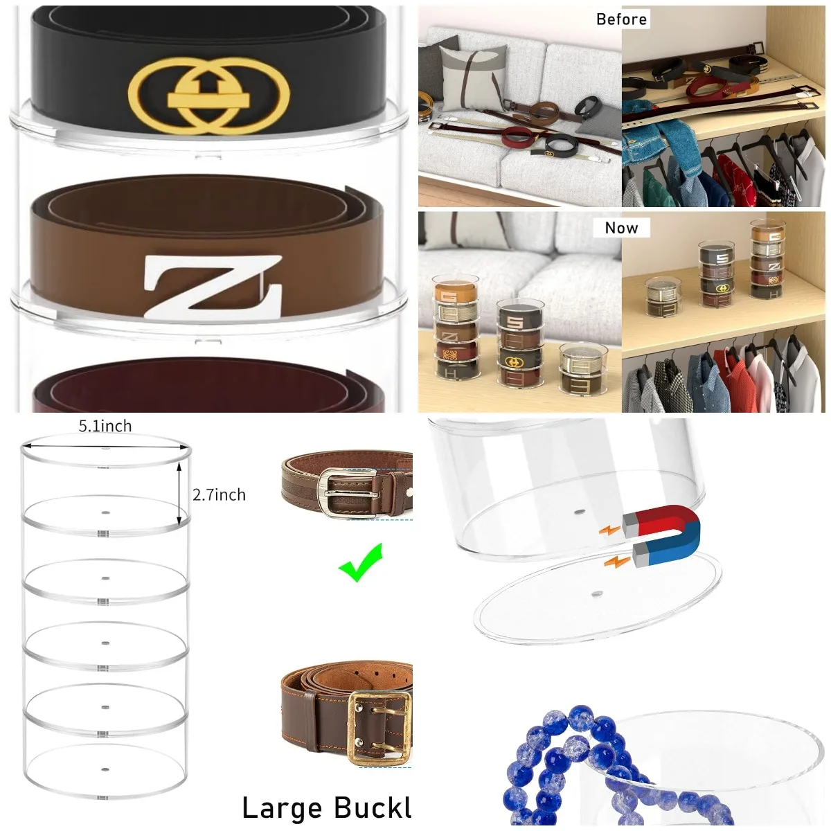 

Acrylic Belt Organizer, 5-Layer Stackable Storage for Belts, Watches, Jewelry, Ties