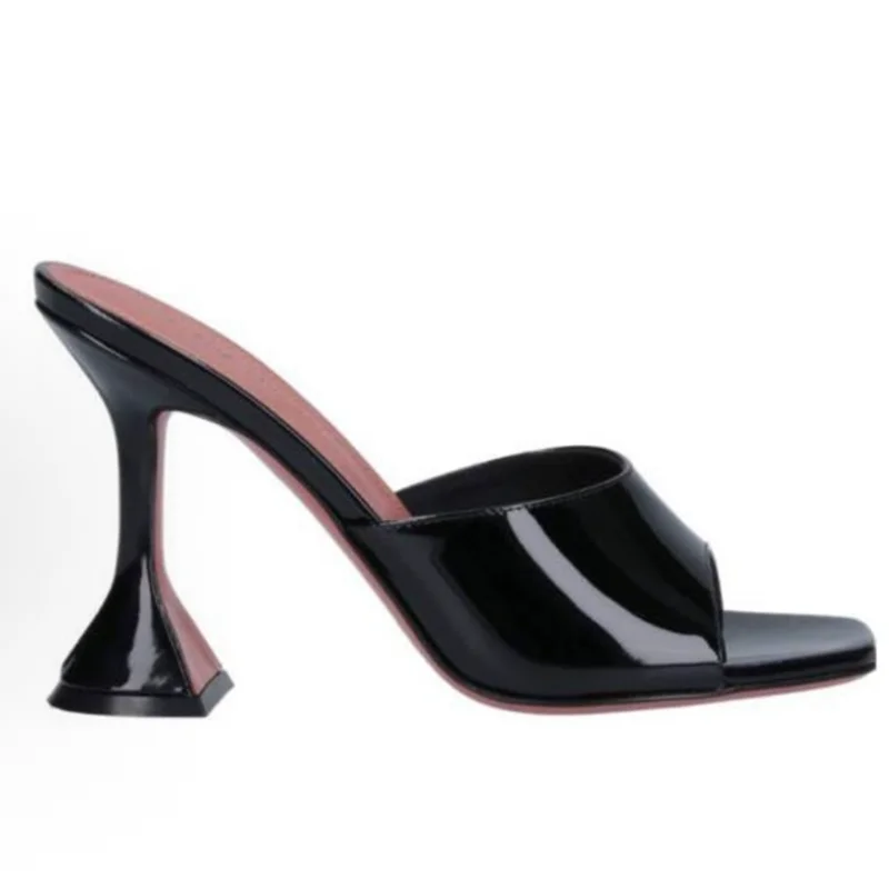 Women's Square Toe Mule Heels Trendy Flared Sculptural High Heel Slides Open Toe Slip On Backless Sandals Sexy