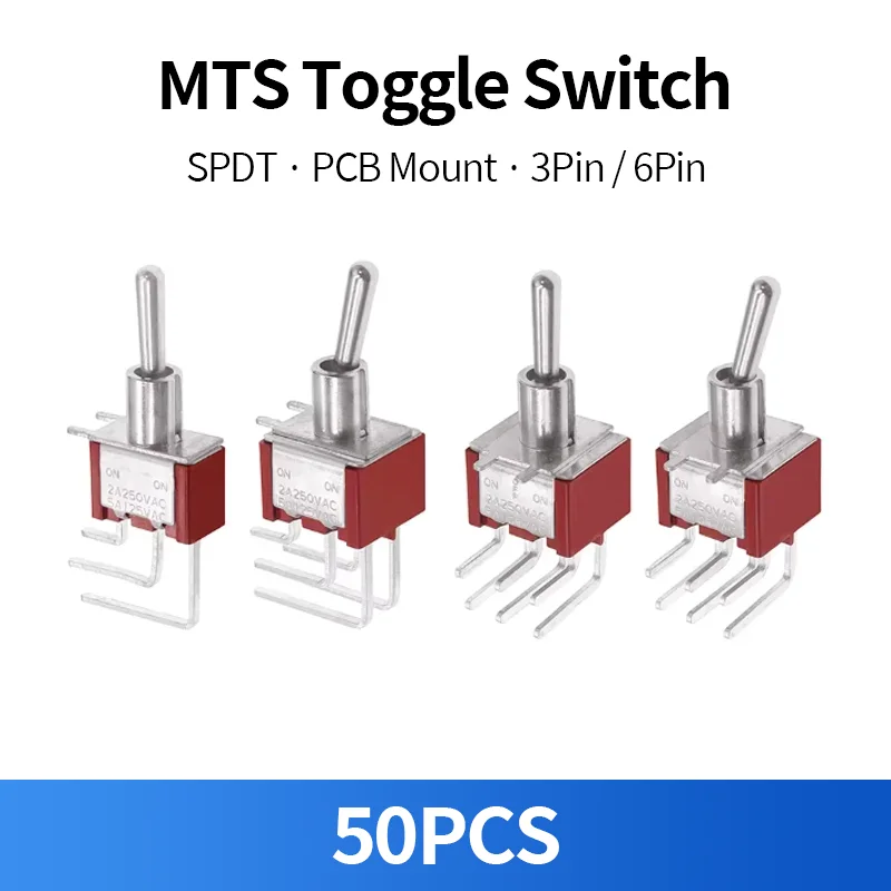 50PCS MTS Toggle Switch MTS-102 MTS-203 C3 C4 SPDT ON-ON 3Pin 6Pin Right Angle PCB Mount 2A 3A 10A