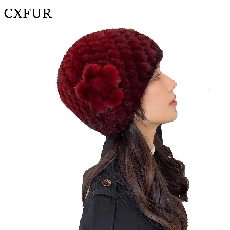 

Cheap Hot Selling Women Floral Beanies Genuine Mink Fur Knit Hat CX-C-296