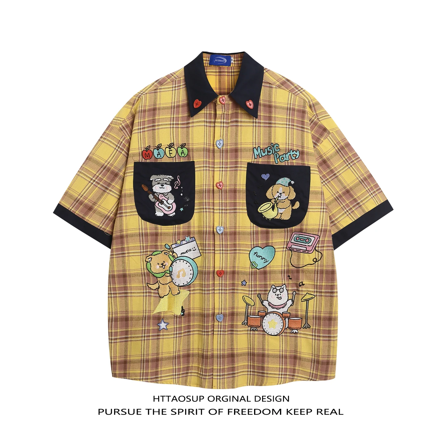

HTTAOSUP Retro Cartoon Embroidery Loose Short Sleeve Shirt Women's Summer New Style Cotton Plaid Casual Top Button down