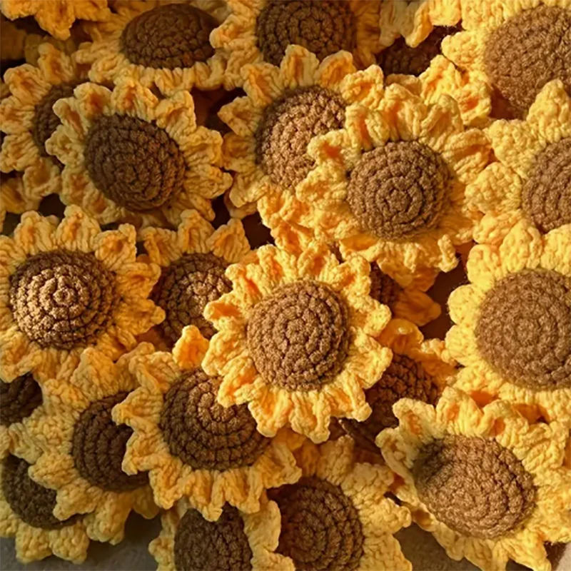 10pcs Handmade Woven Sunflower Decorations, Yellow Floral Charm with Brown Center Suitable for DIY Crafts, Sunflower Heads