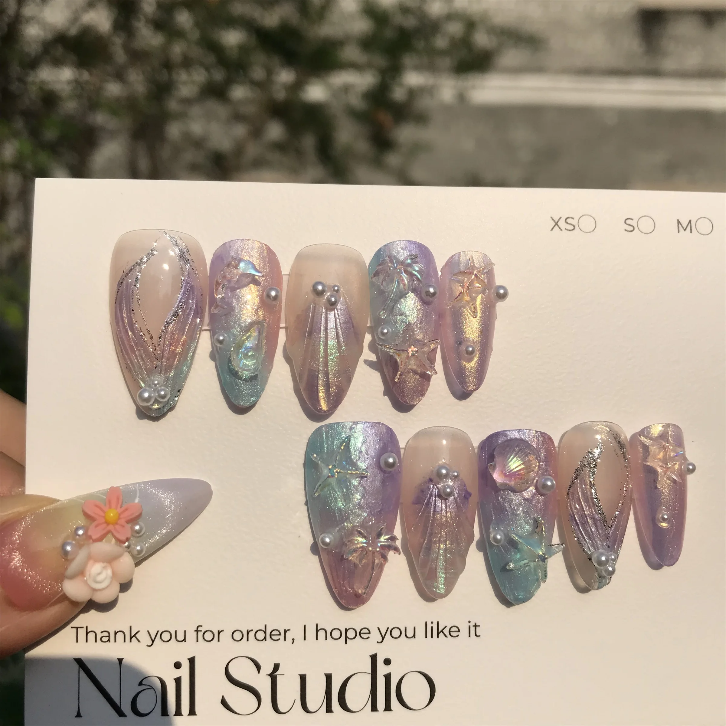 Handmade False Nails Adorned Starfish Shells Small Pearls Feature Exquisite Vivid Details Evoking