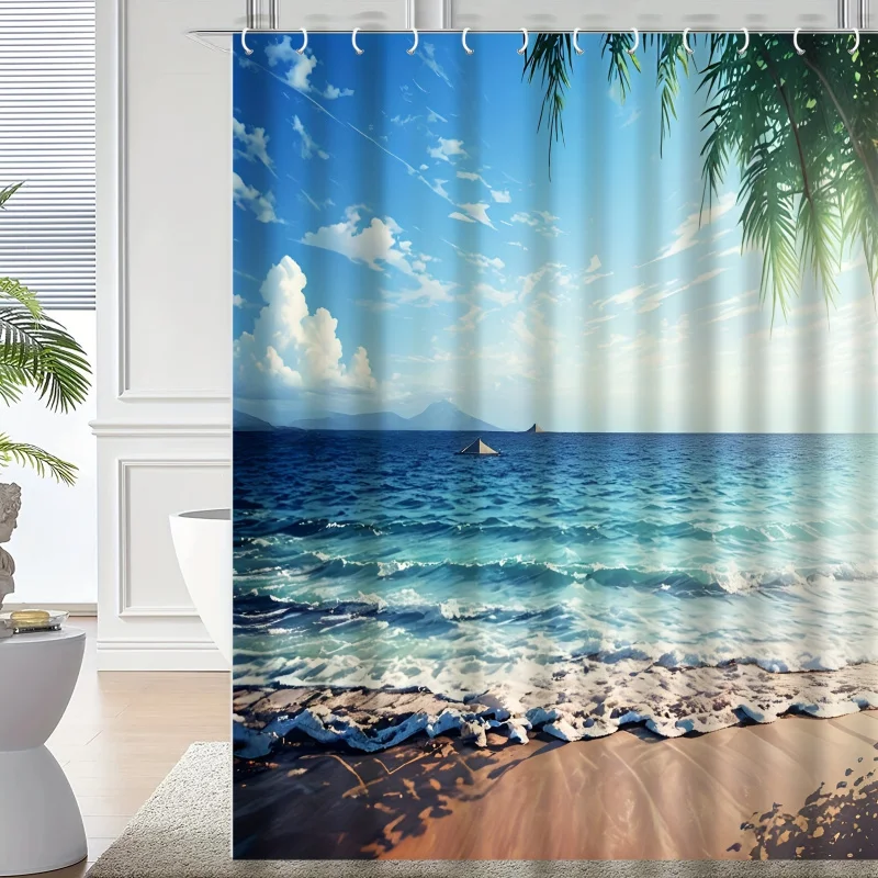 Tropical Island Beach-Themed Shower Curtain - Waterproof, High-Resolution Maldives Photography Design with Hooks, Perfect for Ba