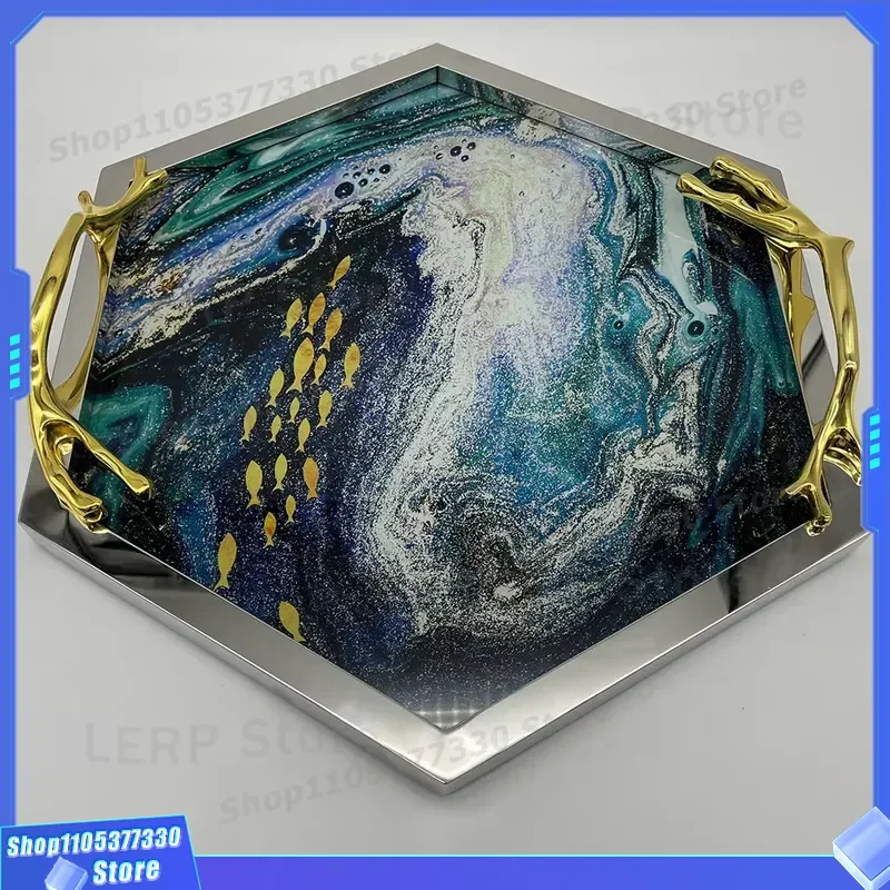 Luxury Gold Metal Glass Pentagon Tray Decorative Mirror Dresser Organizer Service Tray for Jewelry Perfume Home Decor
