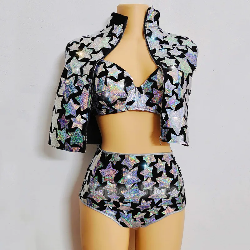 Equipo de espejo láser plateado para mujer, traje de baile de Jazz, chaleco, Bikini, conjunto de 3 piezas, Bar, club nocturno, DJ, cantante, bailarina, ropa de actuación en escenario