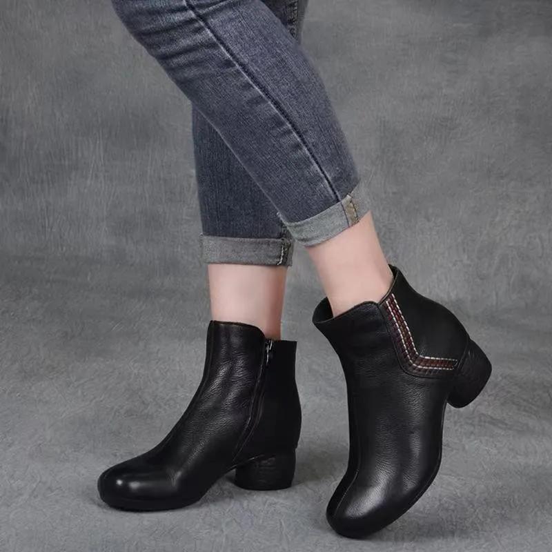 Women\'s Single Boots Spring andAutumn New National Retro Round Head Short Boots Casual Fashion Increase Waterproof Leather Shoes