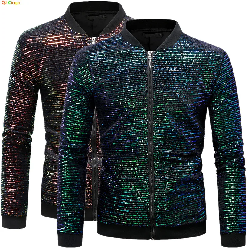 

Green Sequin Decoration Jacket Mens Long Sleeve Zipper Top,Wedding/Party Gold Coat,Europe Size S-XXL