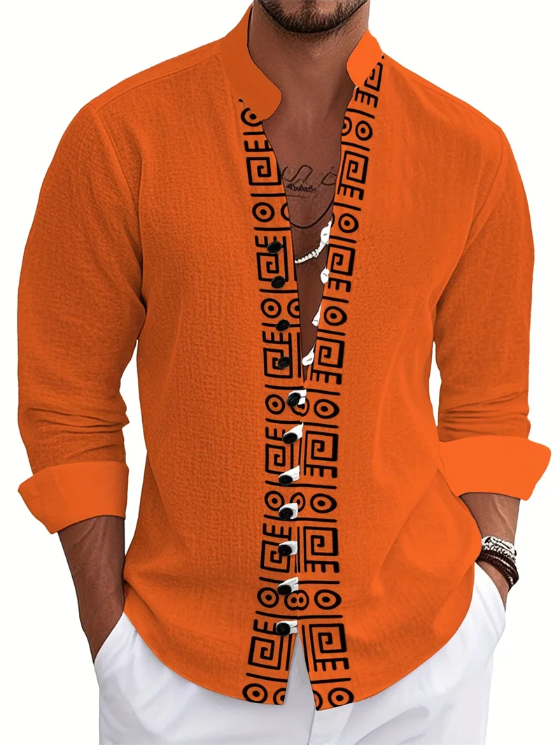 New Retro Ethnic Style Diamond Patterned Shirt for Men, Stand Up Collar, Single Breasted, Personalized Long Sleeved Top