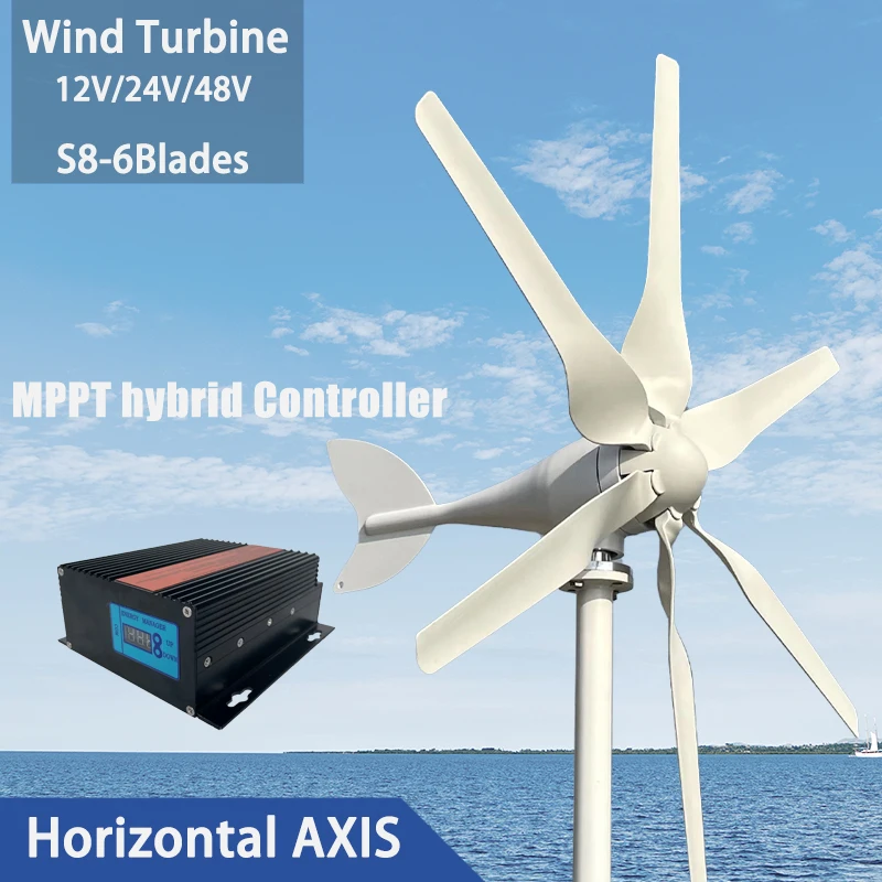 6Blades Horizontal Wind Turbine 8000W Wind Power Generation Windmill Home Use High Efficient Controller and Inverter