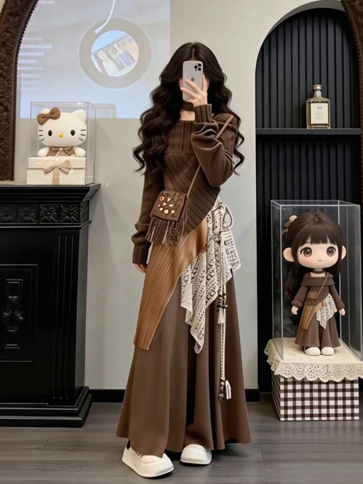 

Зимний корейский вязаный свитер, комплект из двух предметов: брюки-юбка с высокой талией и широкими штанинами, топ с одним открытым плечом, большие размеры для женщин