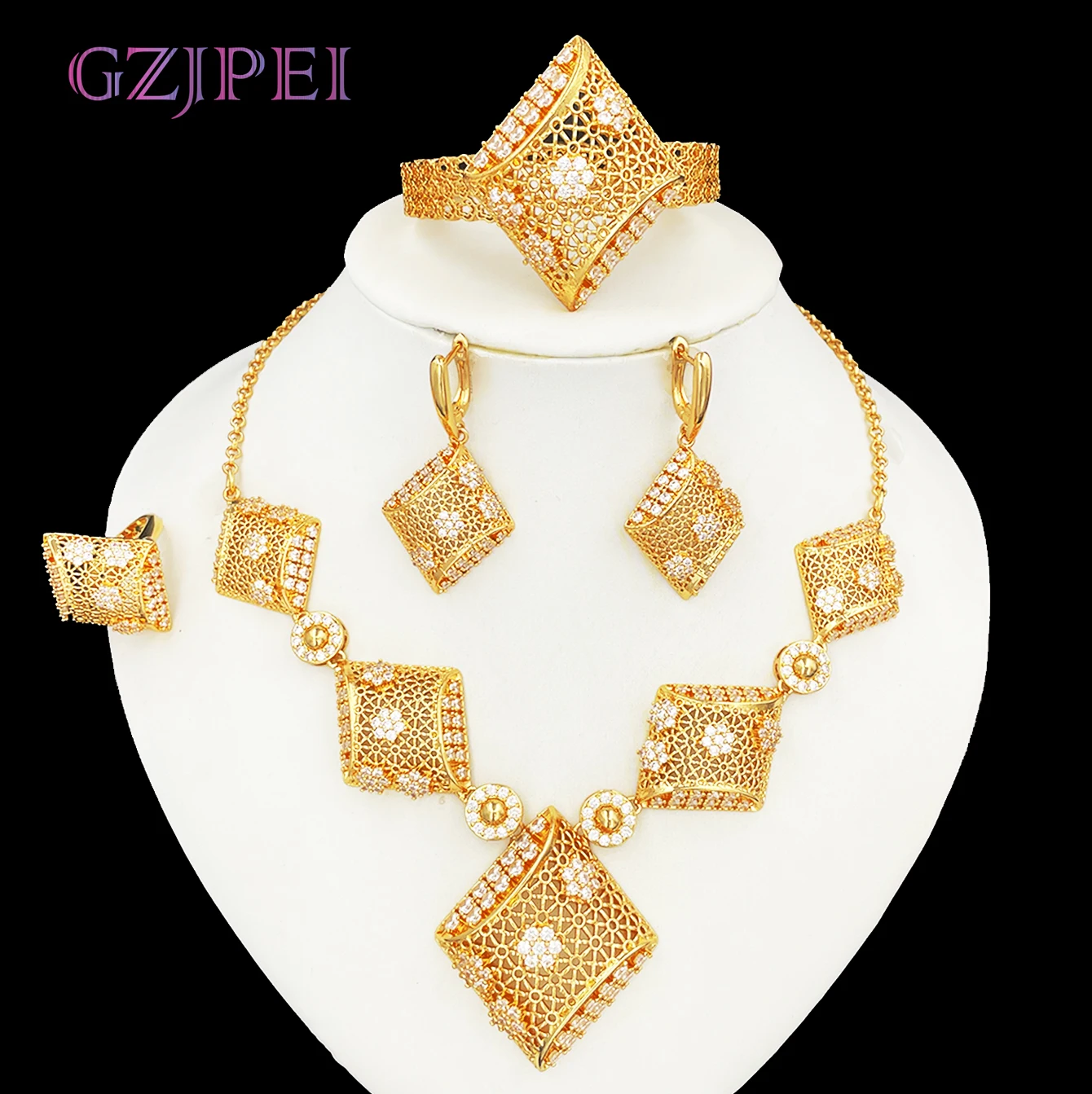 

GZJPEI Dubai Gold Color Jewelry Sets African Indian Wedding Gifts Square Pendant Necklace Bracelet Earring Ring 4Pcs/Set 2025