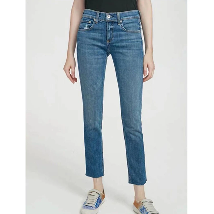 

Maxdutti Denim Pants 2026 Minimalist Deep Blue Mid Waist Straight Leg Fringed Cropped Jeans For Women Summer Jeans Woman Clothes
