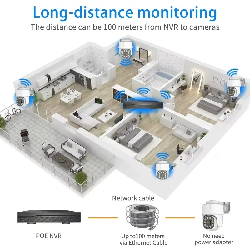 Hongnaer 8MP Eseecloud Audio Dua Arah 4CH Luar Ruangan POE NVR Kit CCTV Nirkabel IP PTZ Sistem Kamera Keamanan Sistem Pengawasan 4K