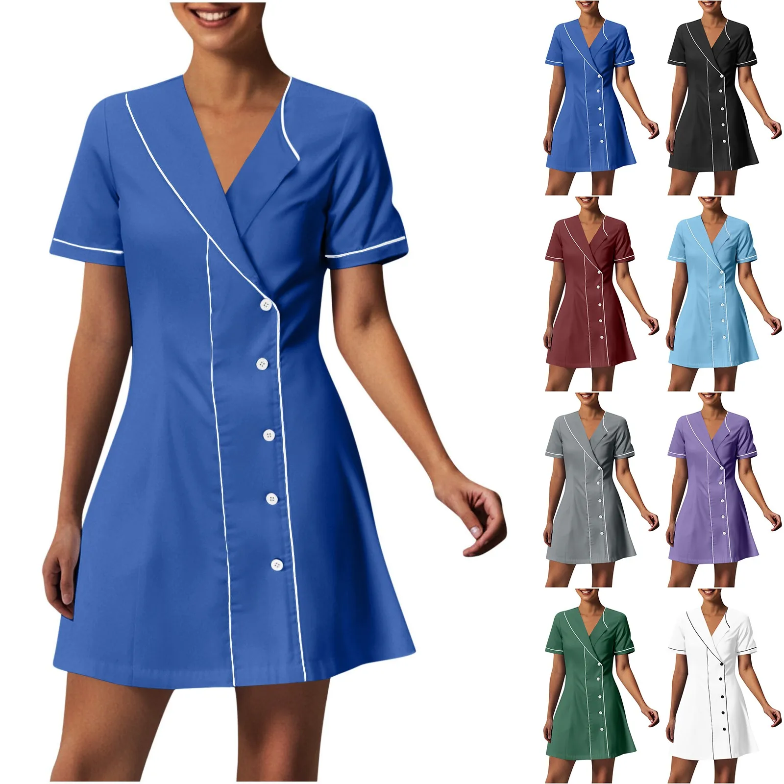 Dames casual effen kleur verpleegstersuniform ziekenhuisapotheek arts uniform werkkleding eenvoudige slanke jurk met korte mouwen