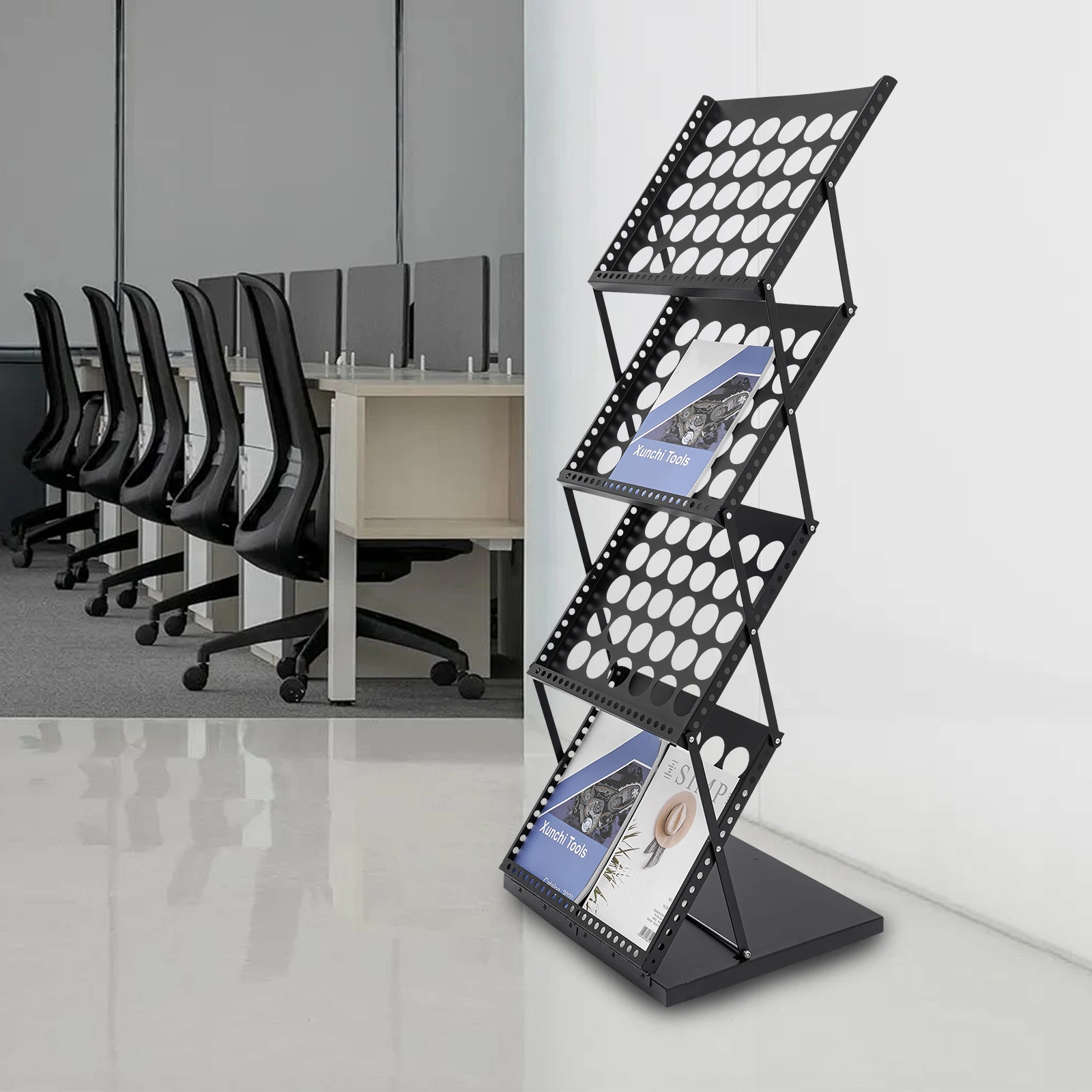 

4-Tier Brochure Display Rack Floor Standing Foldable Magazine Stand Modern Iron A3 Book Shelf