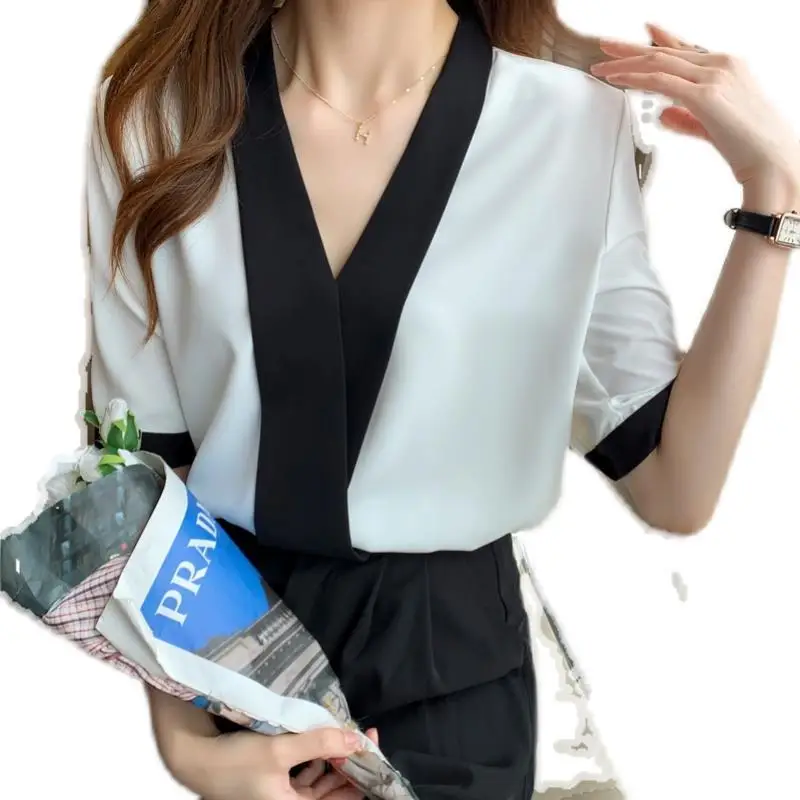 Elegant V-Neck Spliced Half Sleeve Loose Chiffon Shirt Women\'s Clothing 2024 Summer New Casual Tops Office Lady Blouse