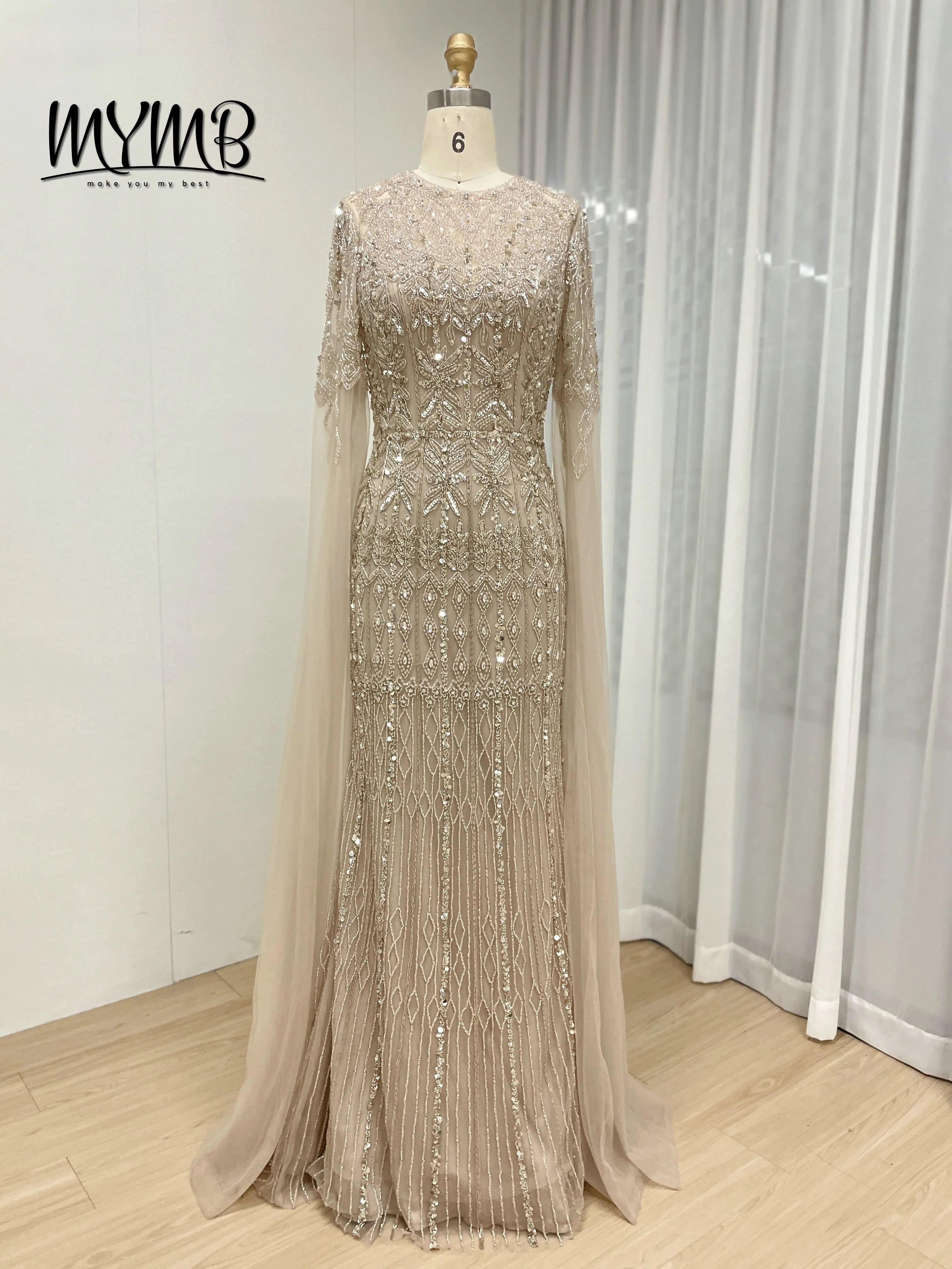 MYMB Luxe Formele Dubai Zeemeermin Arabische Elegante Avondjurk voor Vrouwen Blauwe Cape Mouwen Kralen Lang voor Bruiloft MC20103