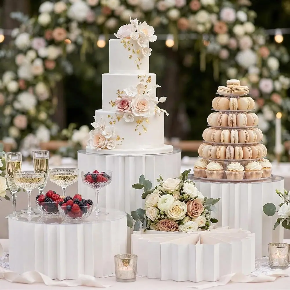 

12 Pcs Buffet Risers, Food Risers for Buffet Table, Acrylic Plates and 3", 4", 6", 8" Height Cardboard Foldable Cake Display Sta