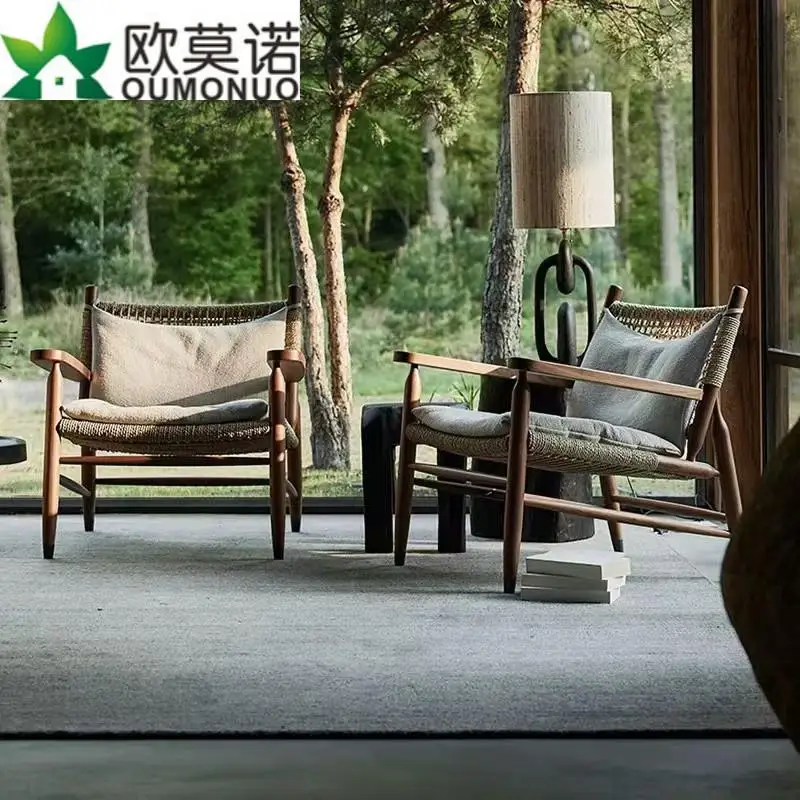 

Rattan Solid Wood Outdoor Sofa Outdoor Terrace Homestay Garden Villa Courtyard Single Rattan Chair Leisure Chair Furniture
