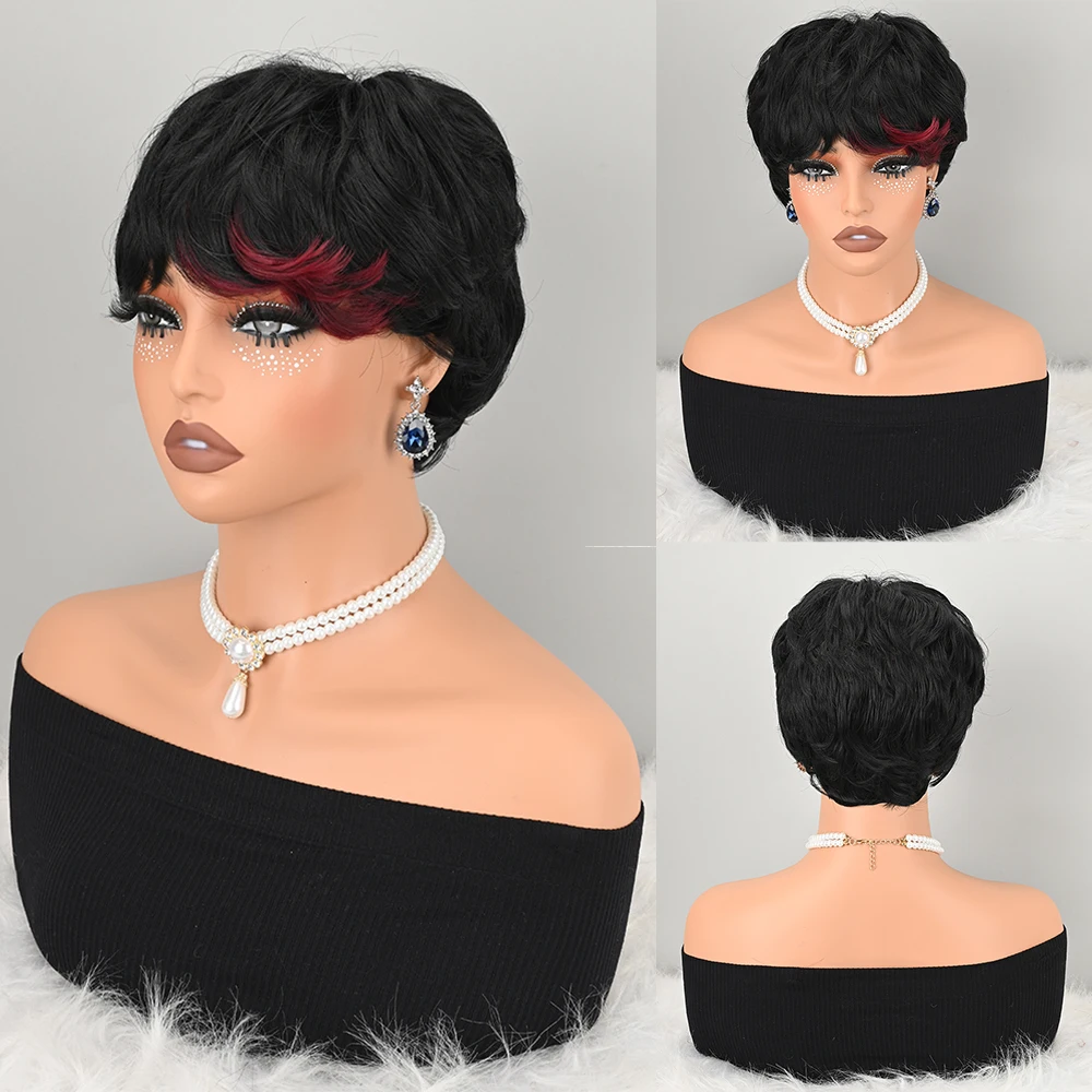 Black With Red Highlight Short Curly Pixie Synthetic Wig for Women Heat Resistant Fiber Full Wig for Daily Party Costume Use