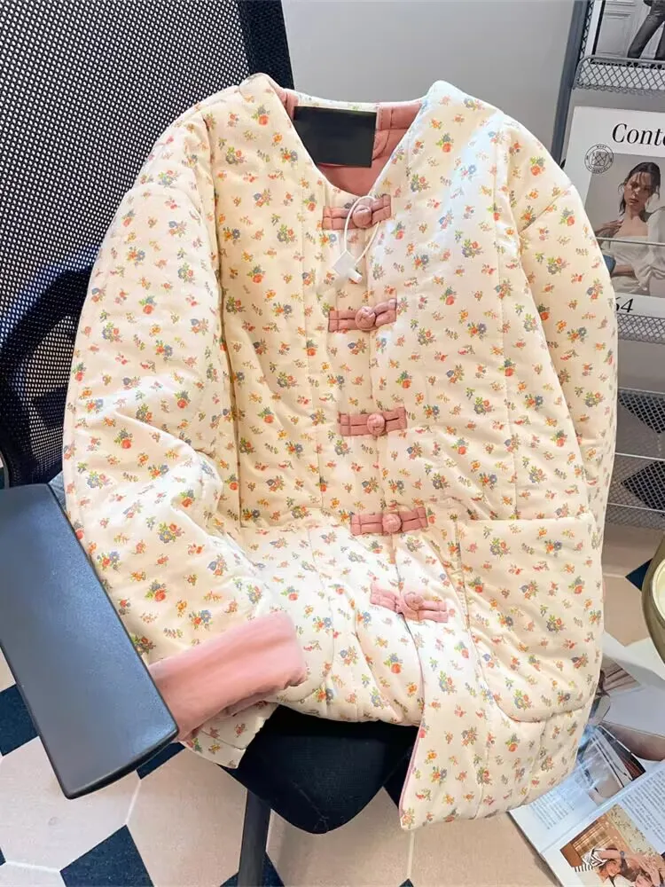 

Faionable Winter Thiened Cotton Jaet Женская одежда Домашняя одежда на пуговицах V-Ne Long Sve Пальто с цветочным принтом