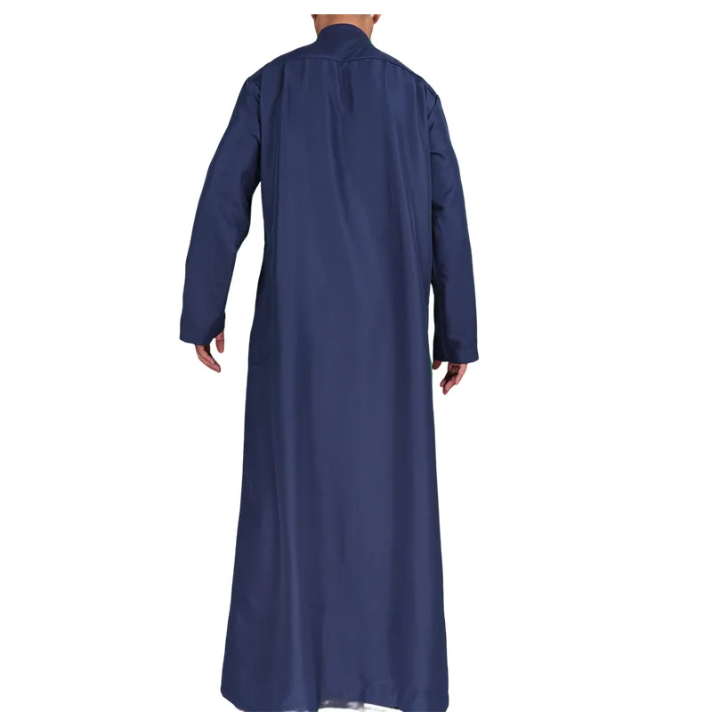 Men Jubba Thobe Eid Ramadan Navy Blue Solid Kaftan Arabic Muslim Islamic Abaya Polyester Djellaba Cheap Price Moroccan Qamis Man