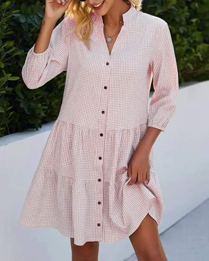 

2025 Fashion Plaid Stand-up Collar Without Split Sleeves Cardigan Loose Dress New Europe and America