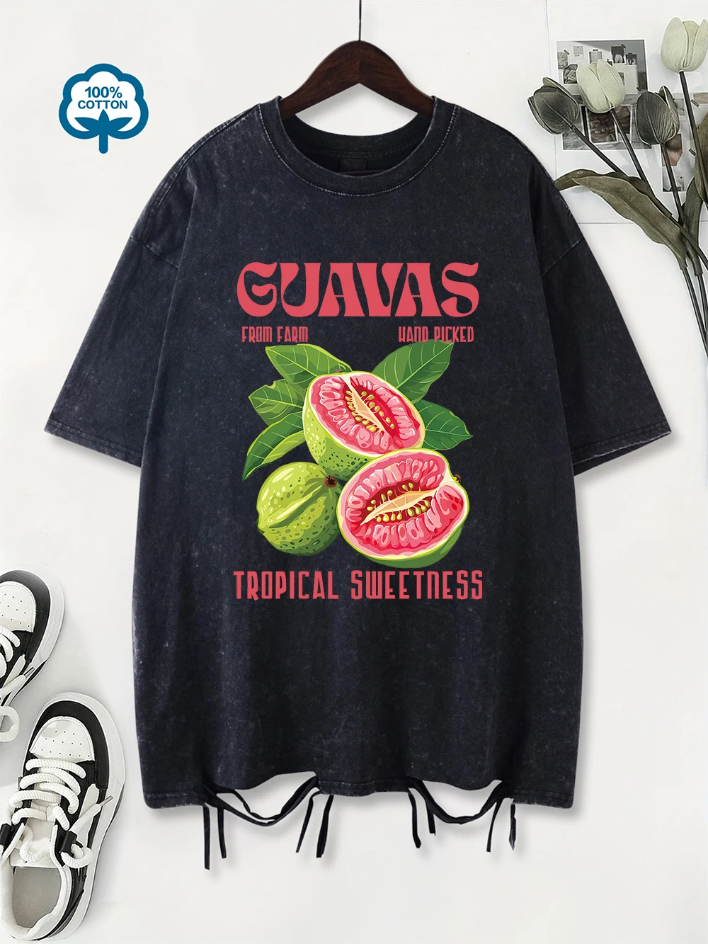 

Hand Picked Guavas Printing Washed T-Shirt Womens Cotton Oversized Tops O-Neck Comfortable Distressed T Shirt Summer Clothes