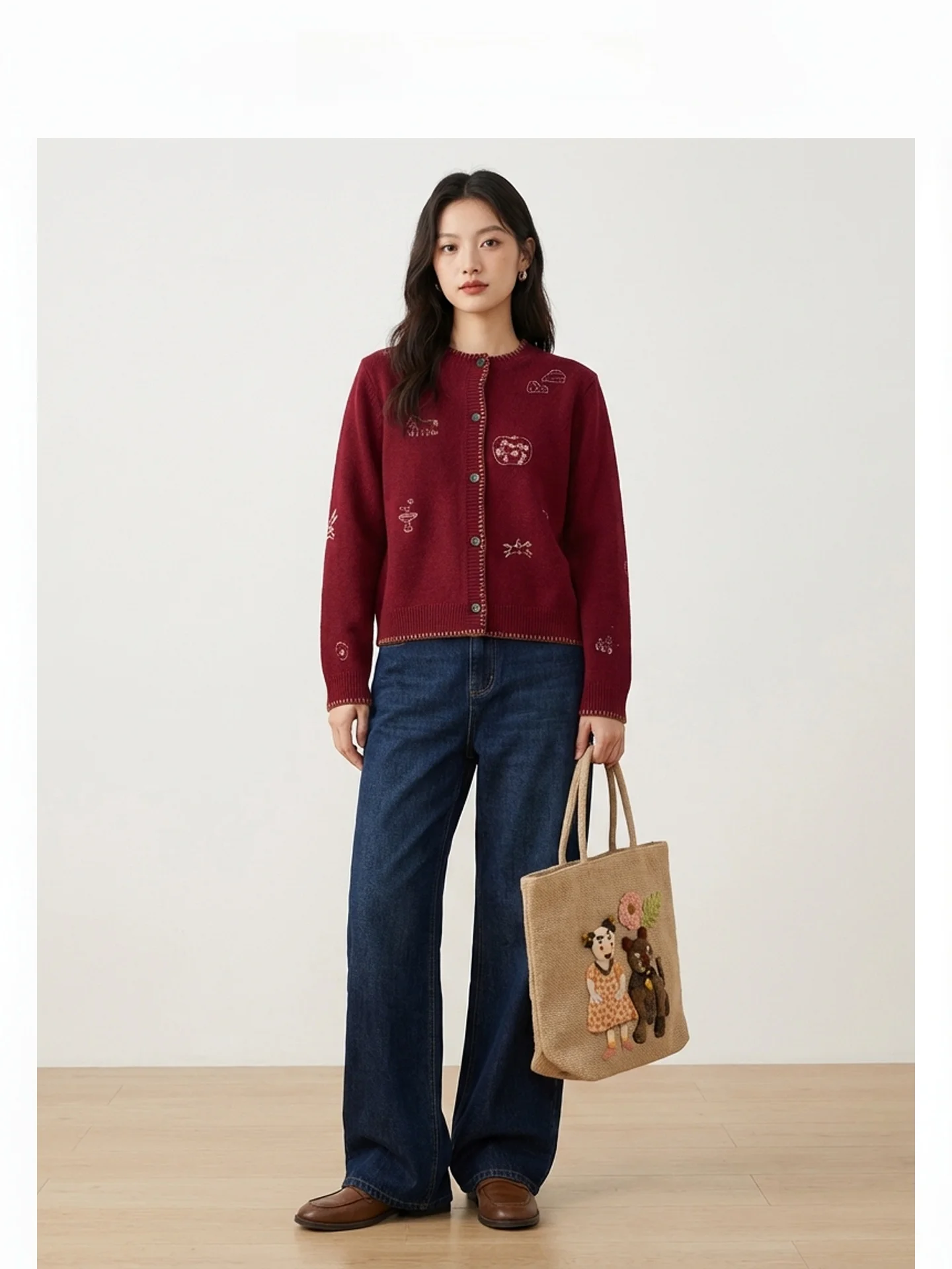 

Retro Embroidered Knitted Woolen Cardigan Women's round Ne Color Blo Sweater Jaet Soft Warm Spring New Sle Bubble Sve