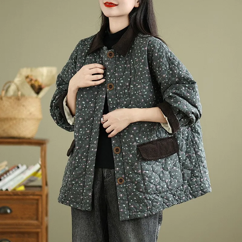 Thick Warm Padded Jackets Women New 2024 Autumn Winter Vintage Style Floral Print Loose Female Casual Quilted Coats B2070