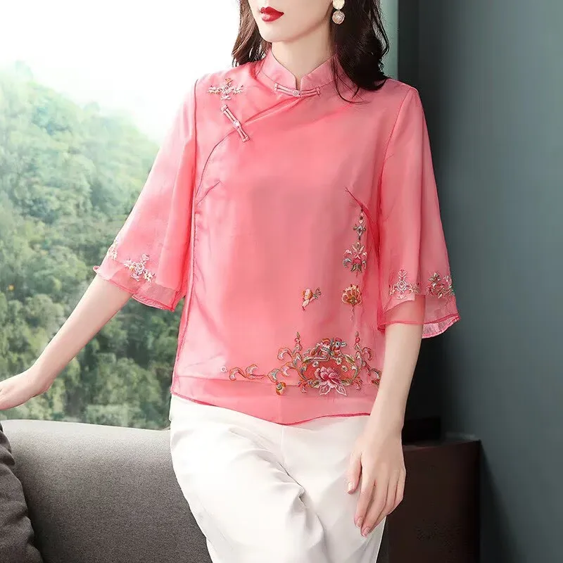 

Повседневная свободная блузка-рубашка для женщин, летние топы, футболка, винтажная вышивка, женская рубашка, Camiseta Mujer-31