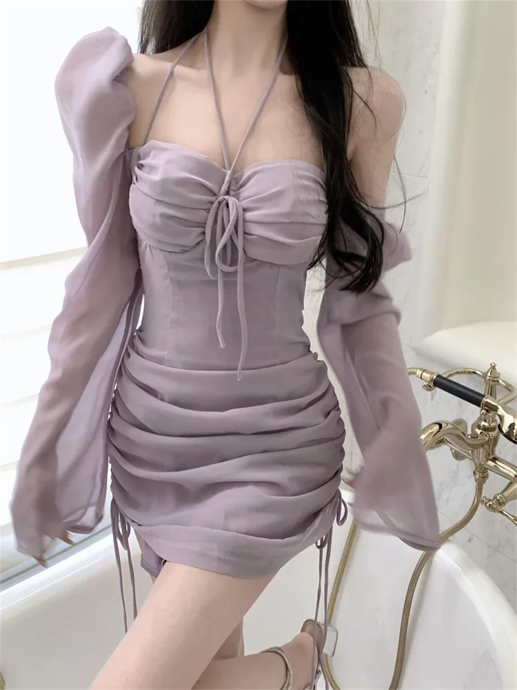 Sexy Halter Chiffon Dress Women 2024 Summer Lace Up Drawstring Bodycon Short Dress Fashion Long Sleeves Lilac Mini Party Dress