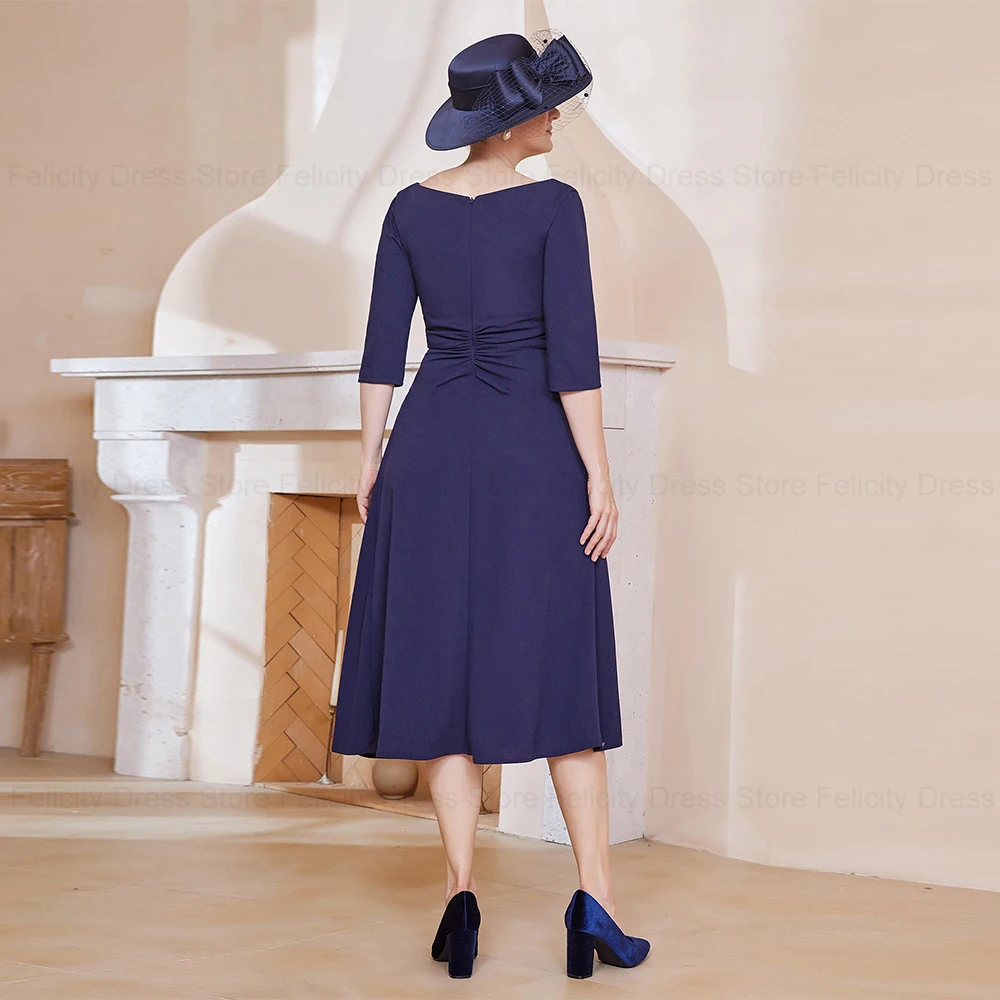 Robe élégante bleu marine pour mère de la mariée, robes d'Bélées de mariage, robes plissées, longueur thé, A-ligne, col en V, Rh, soirée, quelque soit, 2024