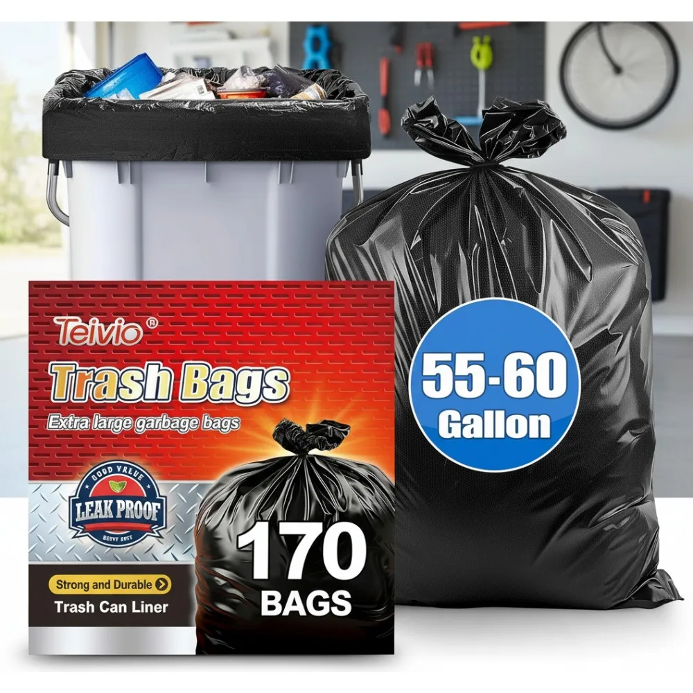 

55-60 Gallon Heavy Duty Trash Bags, 170 Count Extra Large Commercial Garbage Bags for Outdoor Yard Waste