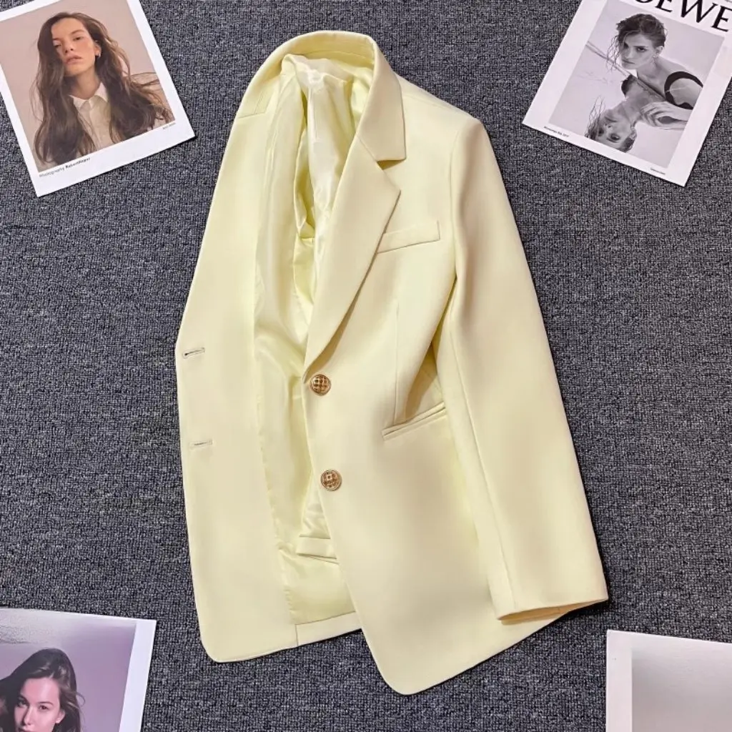 

Women's Cream Yellow Casual Suit Jacket High-Quality Spring Autumn Western Style Easy to Match High Street Temperament
