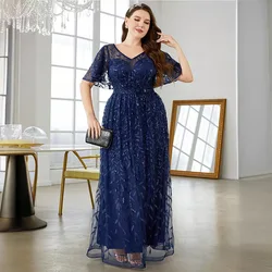 Plus Size Wieczorowe sukienki damskie Średni rękaw Prosta koronkowa sukienka z dekoltem w szpic Nowa moda Temperament Casual Jednokolorowe sukienki o linii A