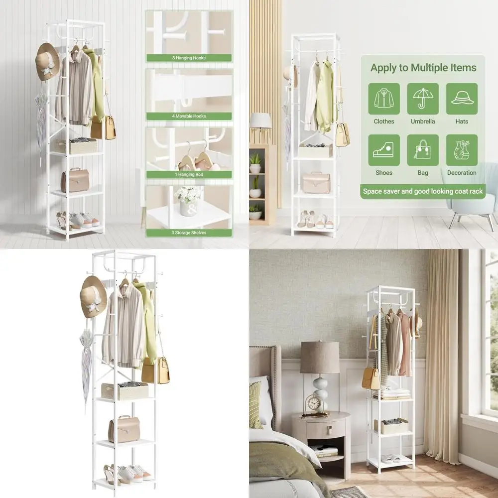 

Hall Tree Coat Rack with 3 Shelves and 12 Hooks, White - Ideal for Entryway, Bedroom, Office, and Living Room Storage